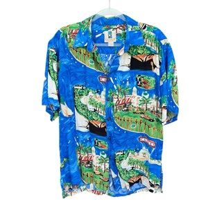 Vintage Kahala Colorful Shirt Cannes France AOP Button Down 100% Rayon Large GUC